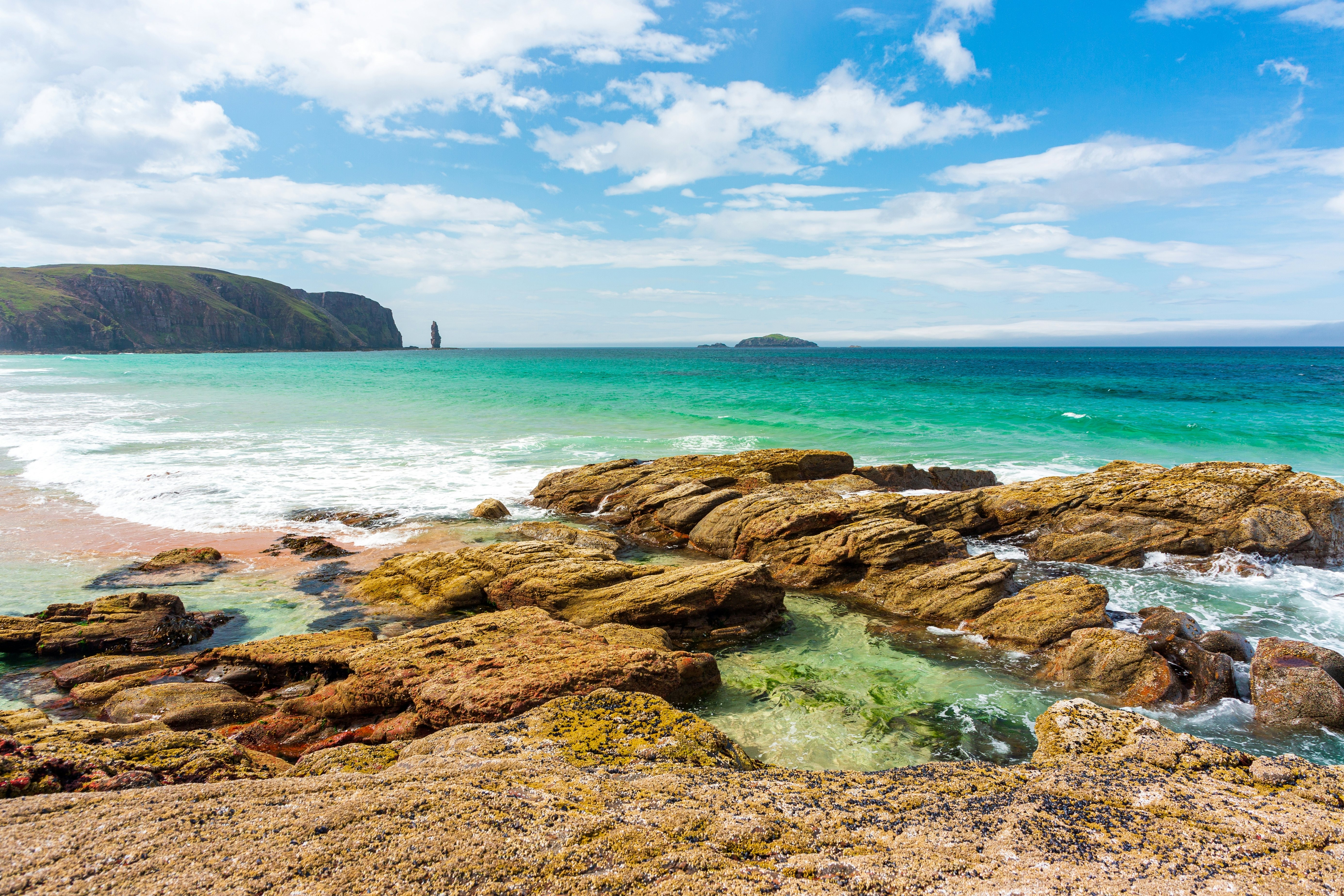 Sandwood Bay Beach, NC500 attraction, North West Scotland in sunny summer day.