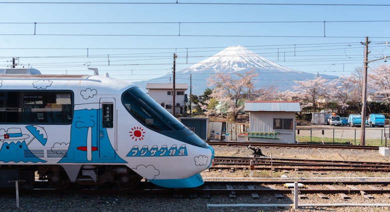 Yamanashi, Japan - April 9, 2023 : Kawaguchiko railway station platform and Fuji Mountain at spring, License Type: media, Download Time: 2025-01-26T20:17:18.000Z, User: Ppeterson948, Editorial: true, purchase_order: 56530 - Guidebooks, job: Global Publishing WIP, client: Global Publishing WIP, other: Pia Peterson Haggarty