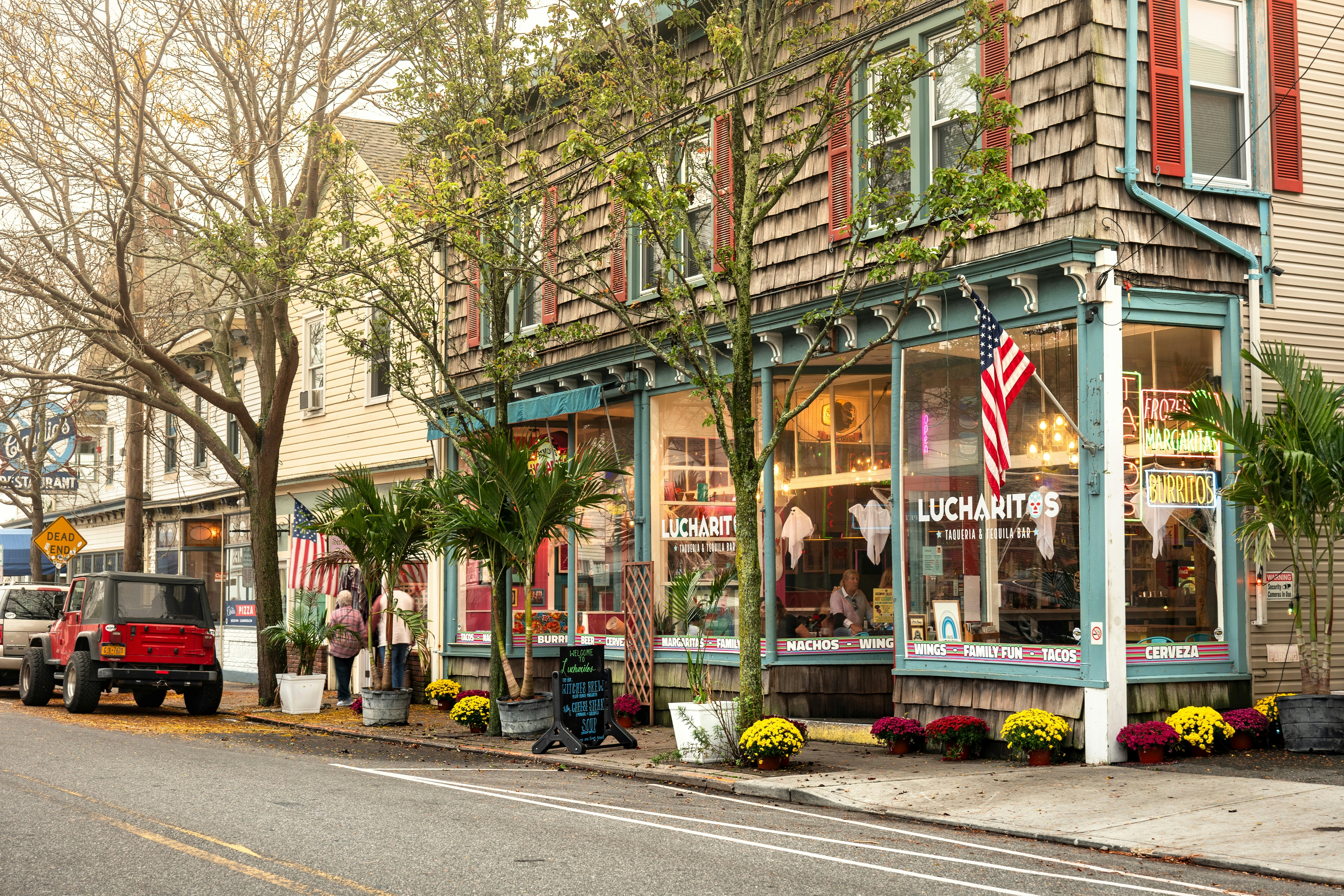 Street with shops and cars, pots of flowers.